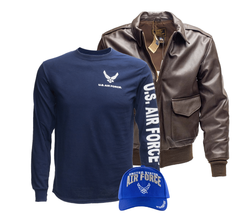 A U.S. Air Force sweatshirt, leather bomber jacket, and cap.
