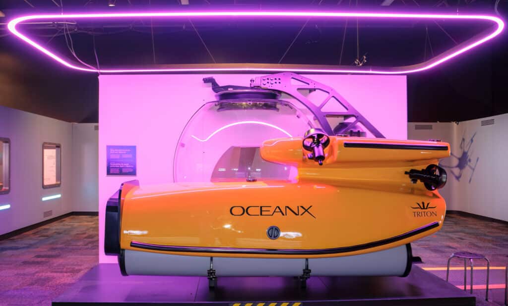 Yellow submersible on display as part of OceanXperience exhibit.