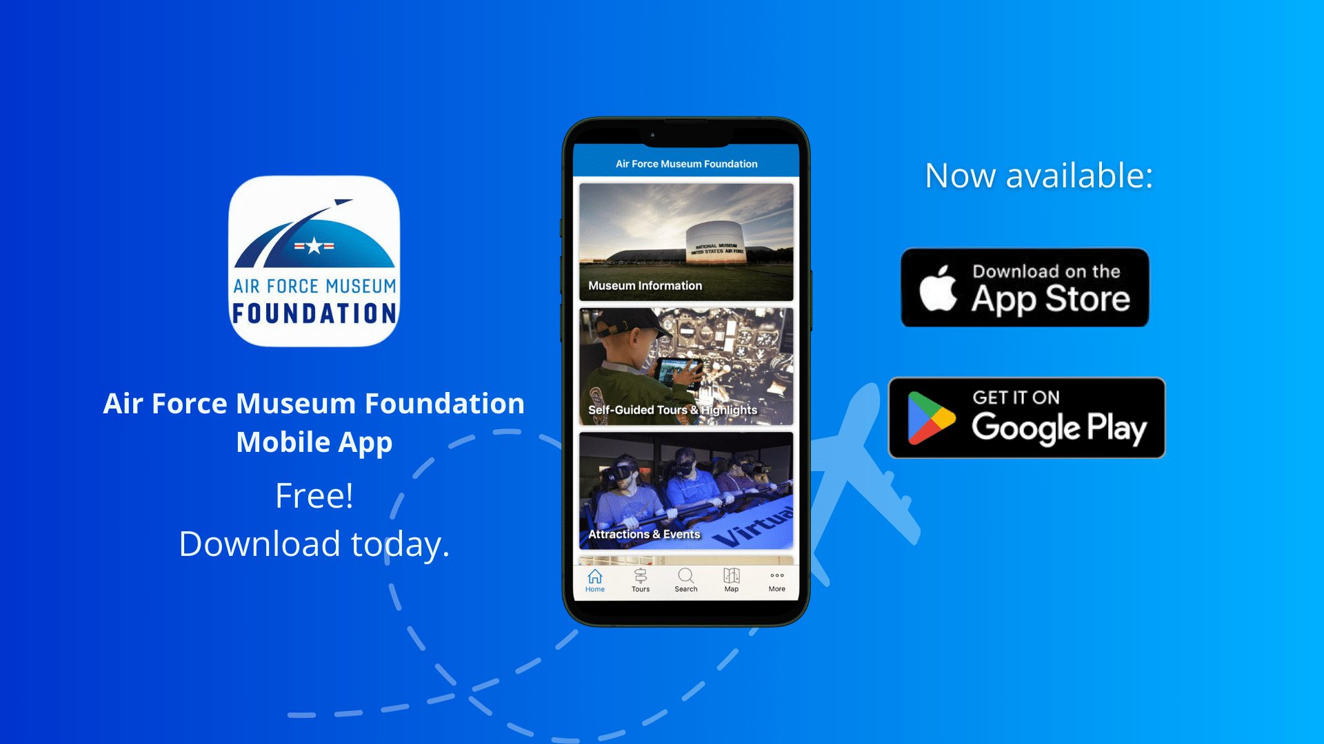 Air Force Museum Foundation mobile app promotional banner.